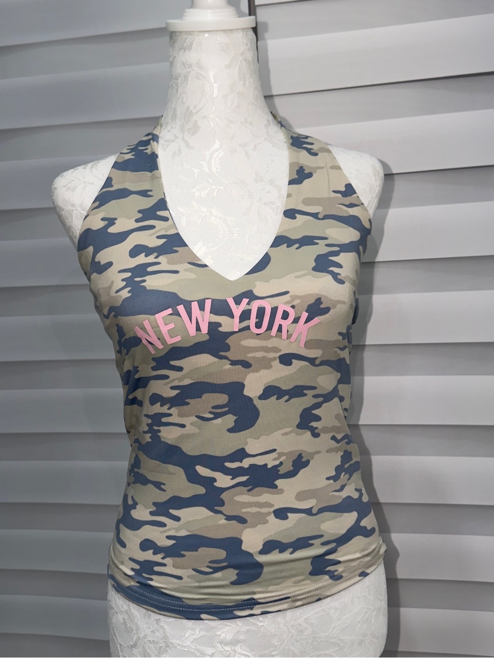 New York Camo Halter Tank Top - Pink Lettering